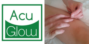 AcuGlow logo on left: Acu in green text over Glow in white on green background. On right: 2 hands placing an acupuncture needle on a person's leg