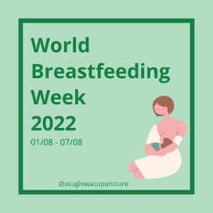 Light green background, graphic of woman breastfeeding, dark green border. Dark green text reads World breastfeeding week 2022 01/08 - 07/08